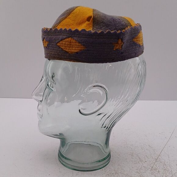 Vintage 2-Tone Yellow / Purple Wool Hat Beanie Cap GEOMETRIC Diamond Star Design - Picture 6 of 12